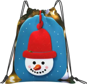 Christmas Carton Snowman Print Sports Drawstring Backpack,Water Resistant Bag, Gym Backpack for Women Men