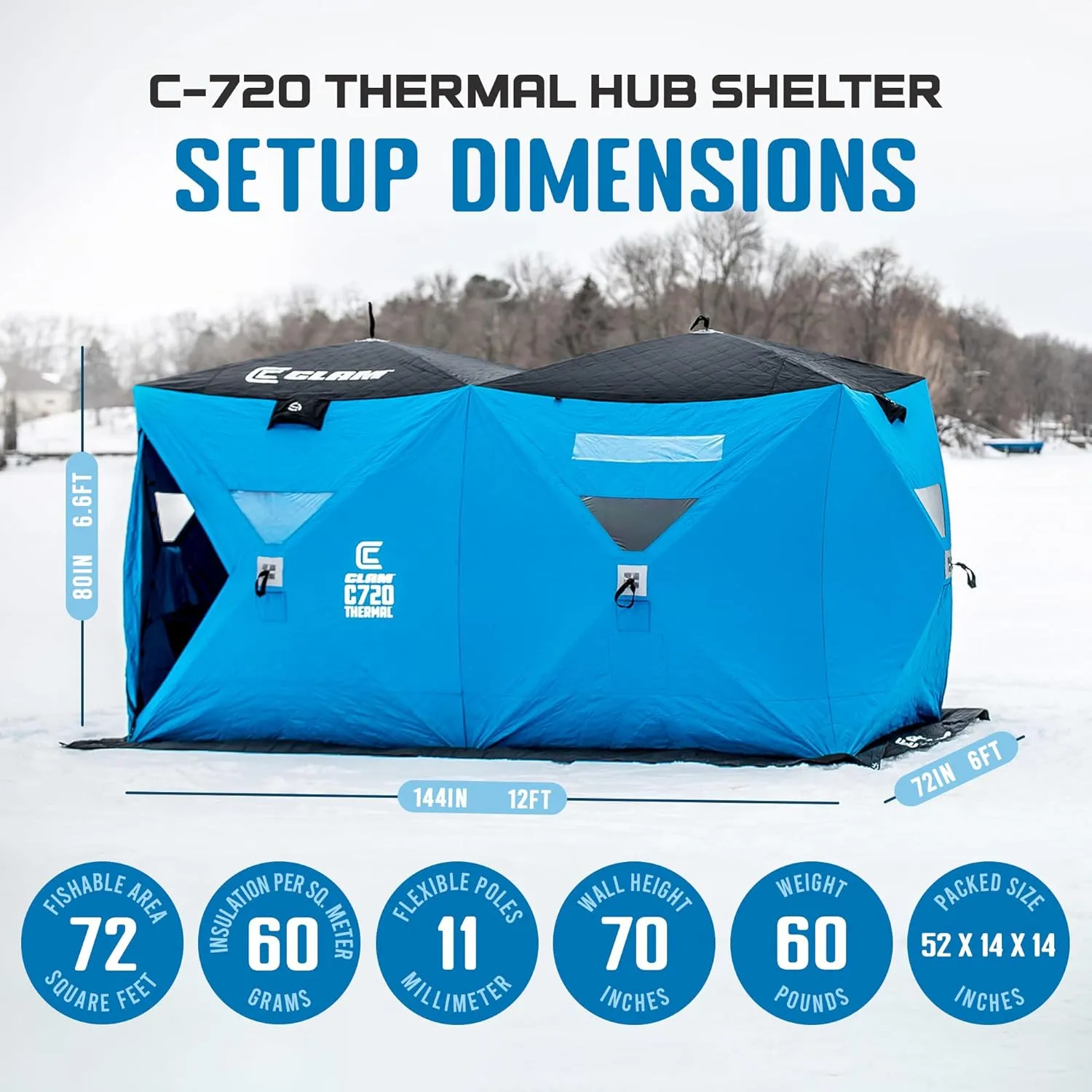 CLAM Lightweight Portable Pop Up Ice Fishing Angler Thermal Hub Shelter Tent with Anchors, Tie Ropes, and Carrying Bag