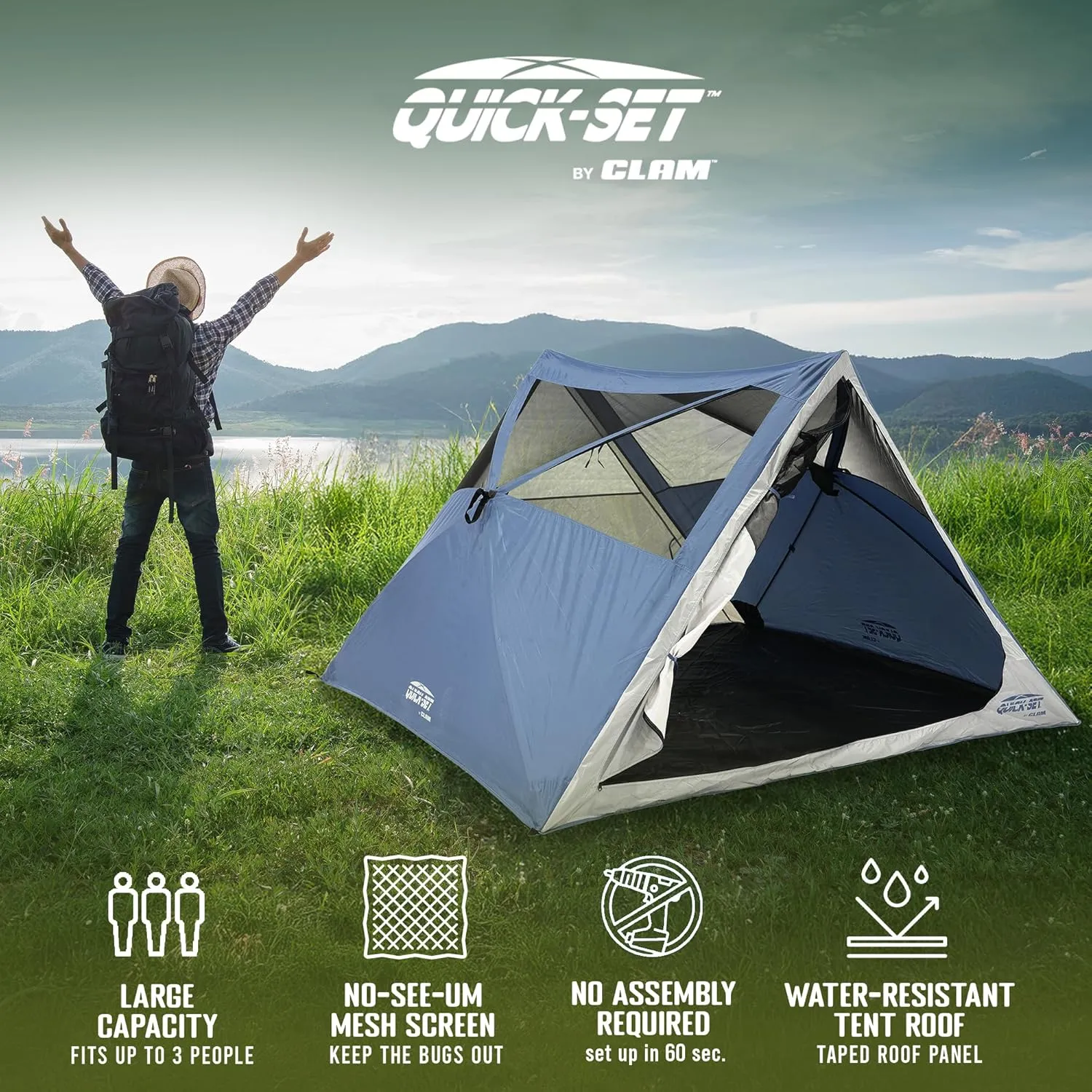 CLAM Quick-Set A-Frame Tent, 8 x 8 Ft Portable Outdoor Hiking Camping Shelter, Apex, Blue/Gray