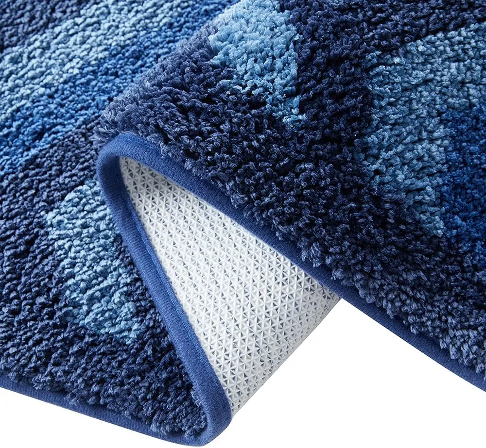 Clara Clark Bathroom Rugs, Shaggy Plush Bath Mat Set, Ultra Soft Bathroom Mat, Non Slip Backing Rubber, Chevron Design Bath Rug Set, 3 Piece, Blue