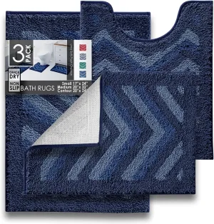 Clara Clark Bathroom Rugs, Shaggy Plush Bath Mat Set, Ultra Soft Bathroom Mat, Non Slip Backing Rubber, Chevron Design Bath Rug Set, 3 Piece, Blue