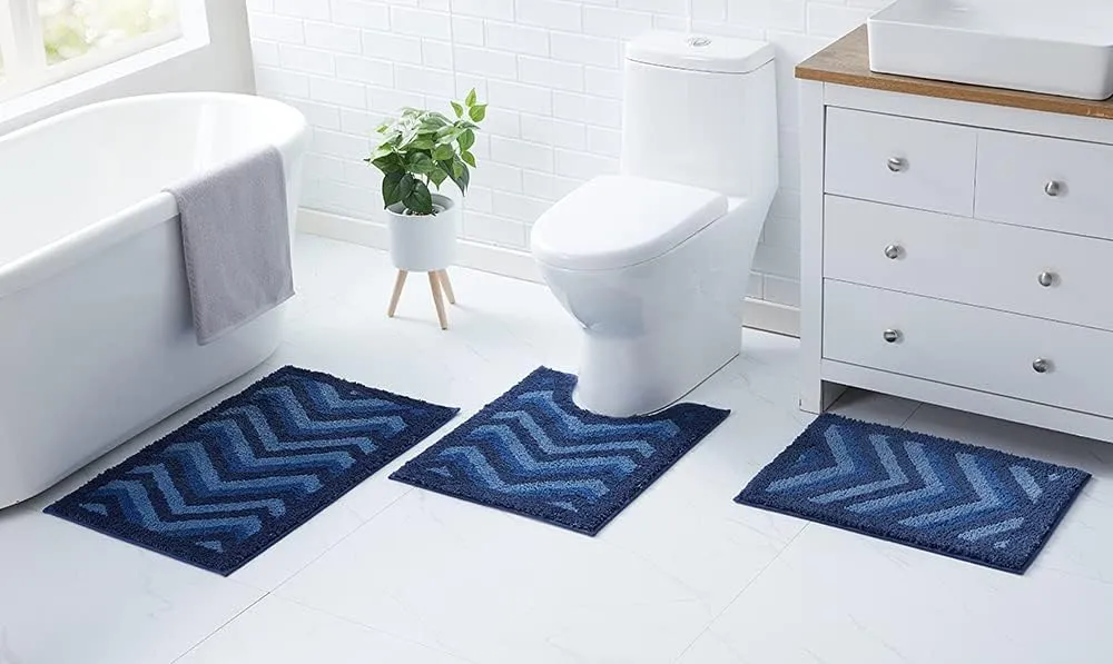 Clara Clark Bathroom Rugs, Shaggy Plush Bath Mat Set, Ultra Soft Bathroom Mat, Non Slip Backing Rubber, Chevron Design Bath Rug Set, 3 Piece, Blue