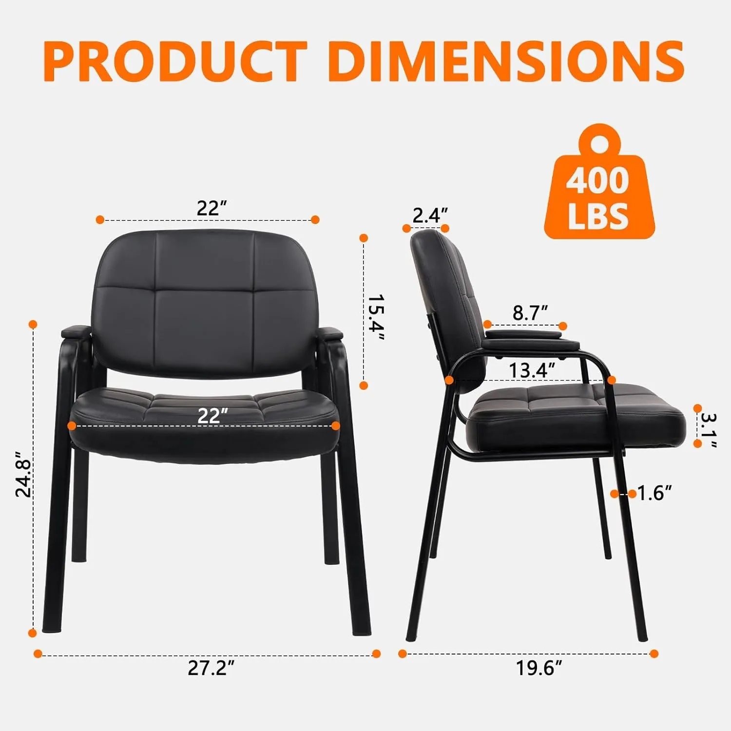 CLATINA Big Tall 400 lbs Waiting Room Chair with Padded Arms, Leather Office Guest Chairs No Wheels for Conference Reception Room and Elderly Home Desk Lobby Side Black, 2PK