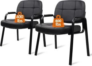 CLATINA Big Tall 400 lbs Waiting Room Chair with Padded Arms, Leather Office Guest Chairs No Wheels for Conference Reception Room and Elderly Home Desk Lobby Side Black, 2PK