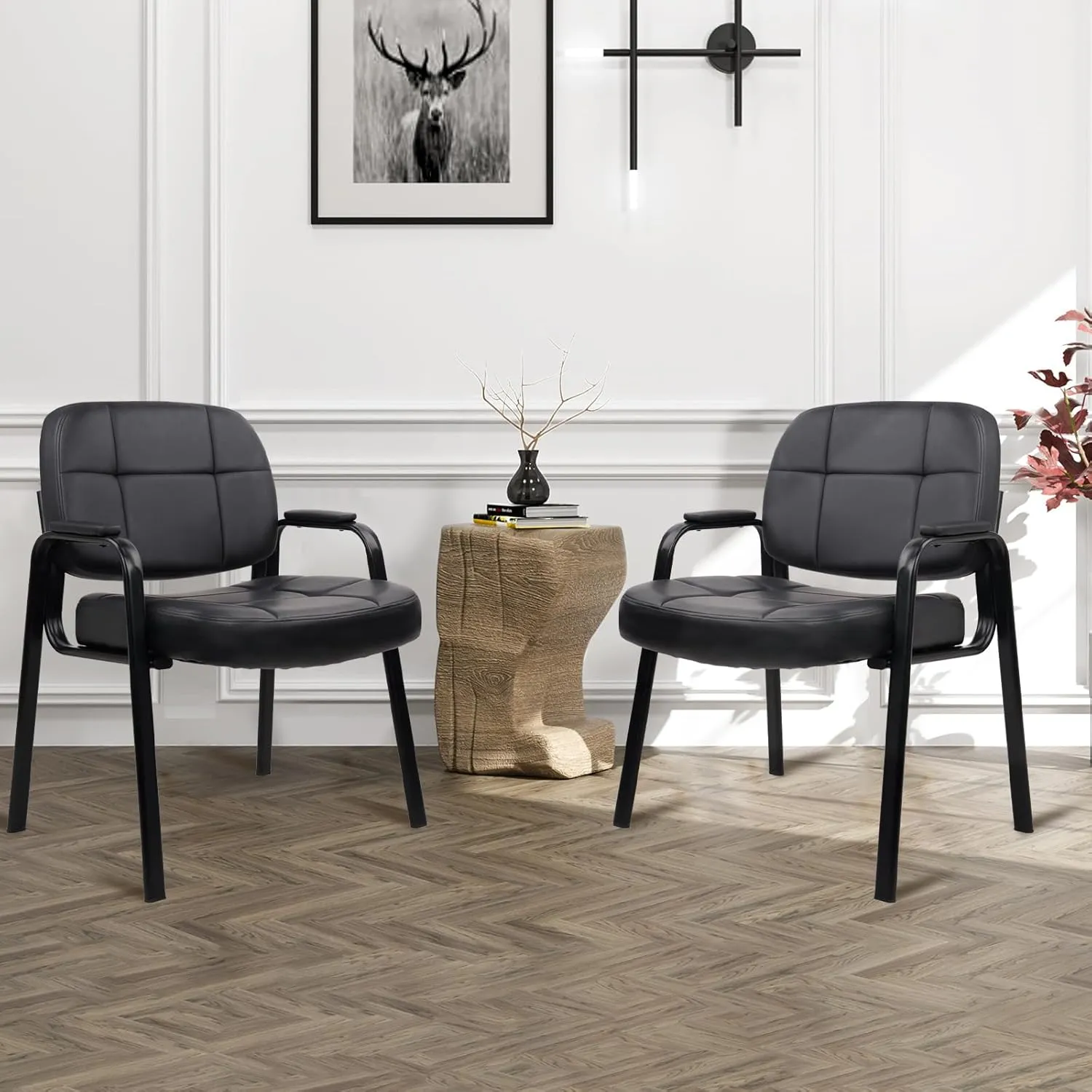 CLATINA Big Tall 400 lbs Waiting Room Chair with Padded Arms, Leather Office Guest Chairs No Wheels for Conference Reception Room and Elderly Home Desk Lobby Side Black, 2PK