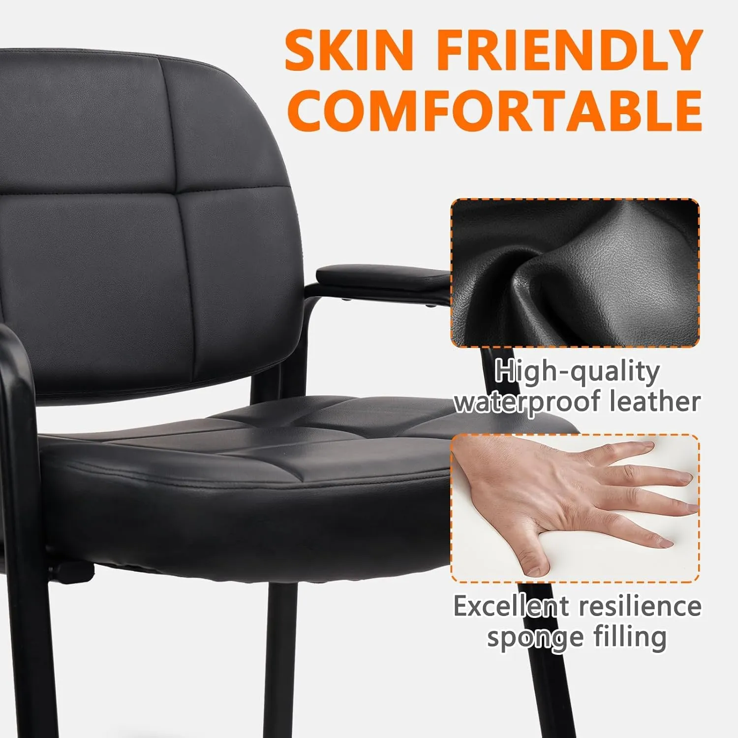 CLATINA Big Tall 400 lbs Waiting Room Chair with Padded Arms, Leather Office Guest Chairs No Wheels for Conference Reception Room and Elderly Home Desk Lobby Side Black, 2PK