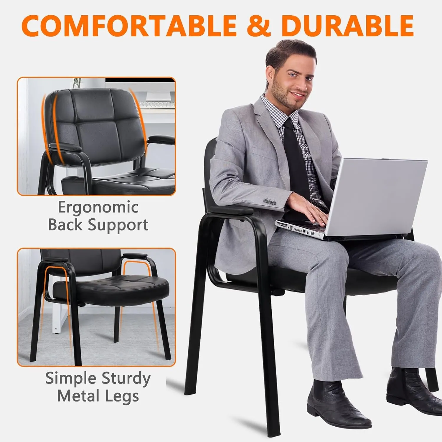 CLATINA Big Tall 400 lbs Waiting Room Chair with Padded Arms, Leather Office Guest Chairs No Wheels for Conference Reception Room and Elderly Home Desk Lobby Side Black, 2PK