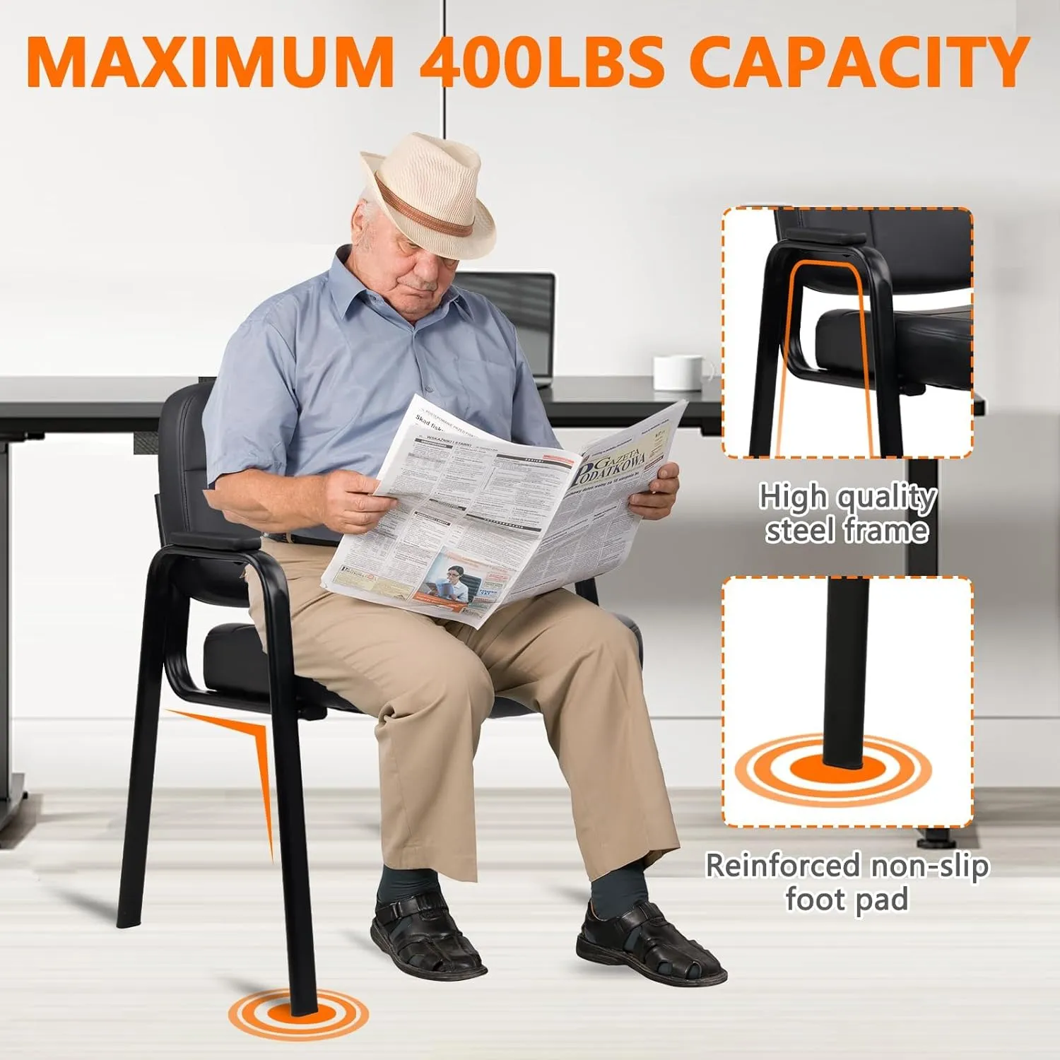 CLATINA Big Tall 400 lbs Waiting Room Chair with Padded Arms, Leather Office Guest Chairs No Wheels for Conference Reception Room and Elderly Home Desk Lobby Side Black, 2PK