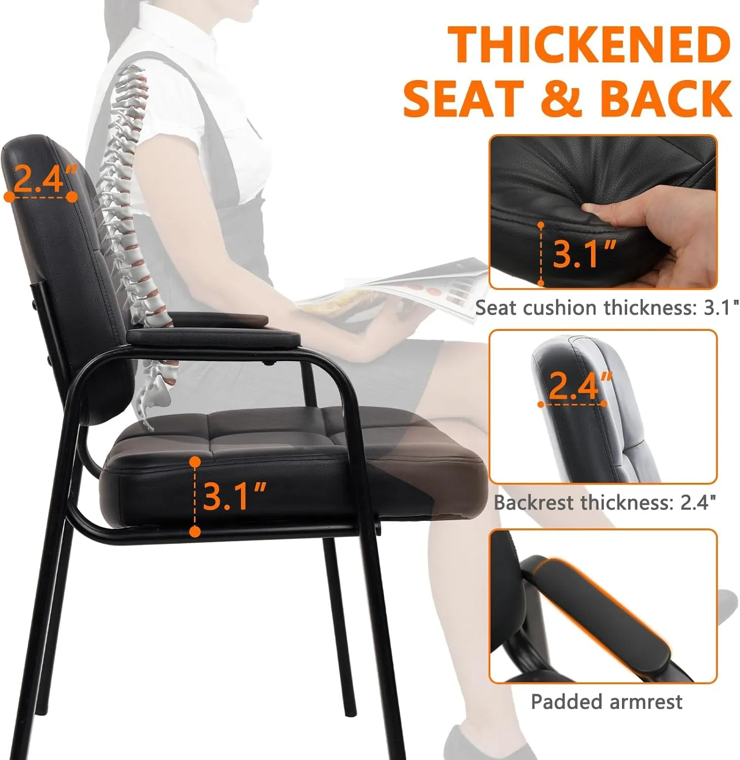 CLATINA Big Tall 400 lbs Waiting Room Chair with Padded Arms, Leather Office Guest Chairs No Wheels for Conference Reception Room and Elderly Home Desk Lobby Side Black, 2PK