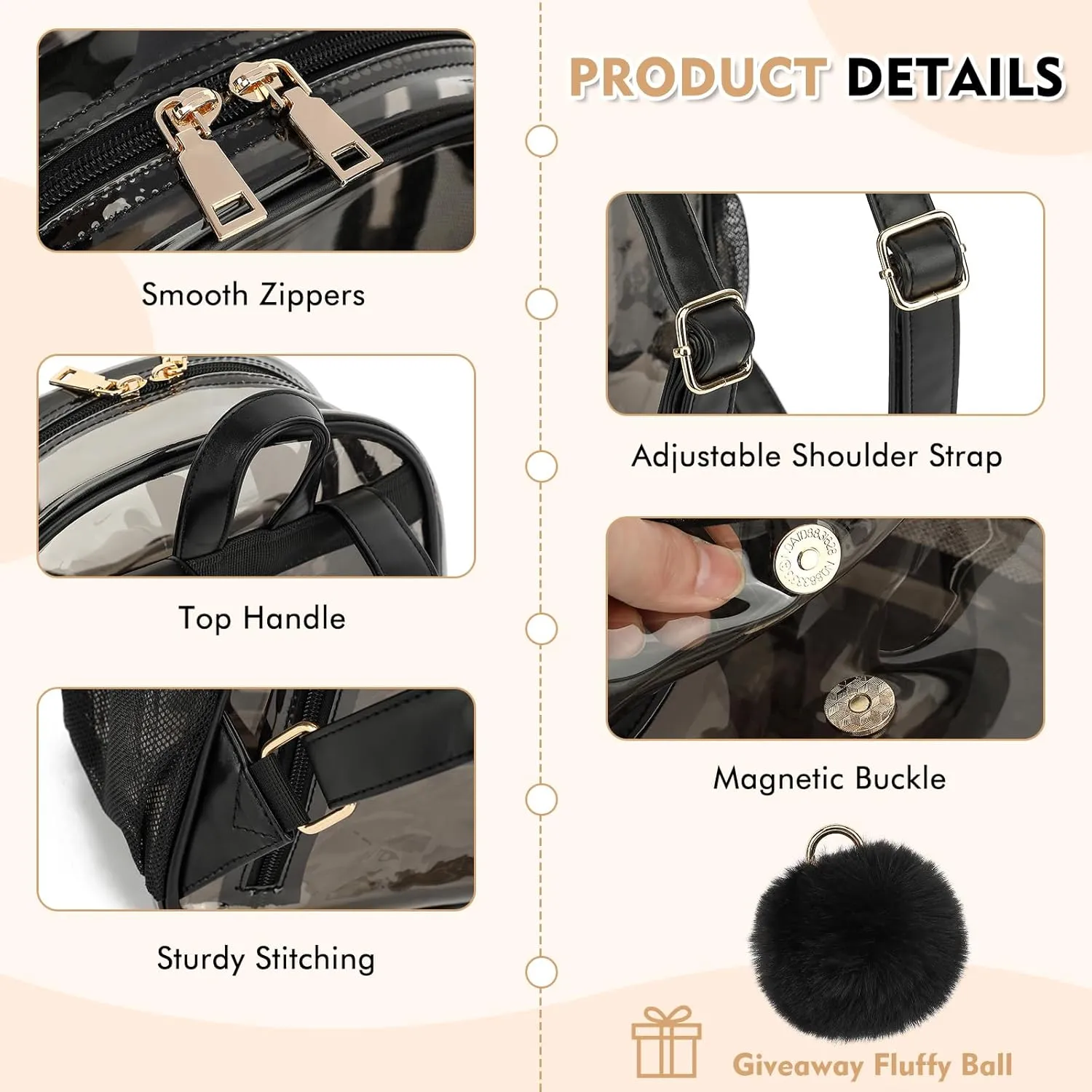 Clear Backpack for Stadium Events 12x12x6, Thick PVC Small Clear Bag with Leather Trim Fashion Women Backpack for Concerts, Sports, Festivals, Work, Travel-Black