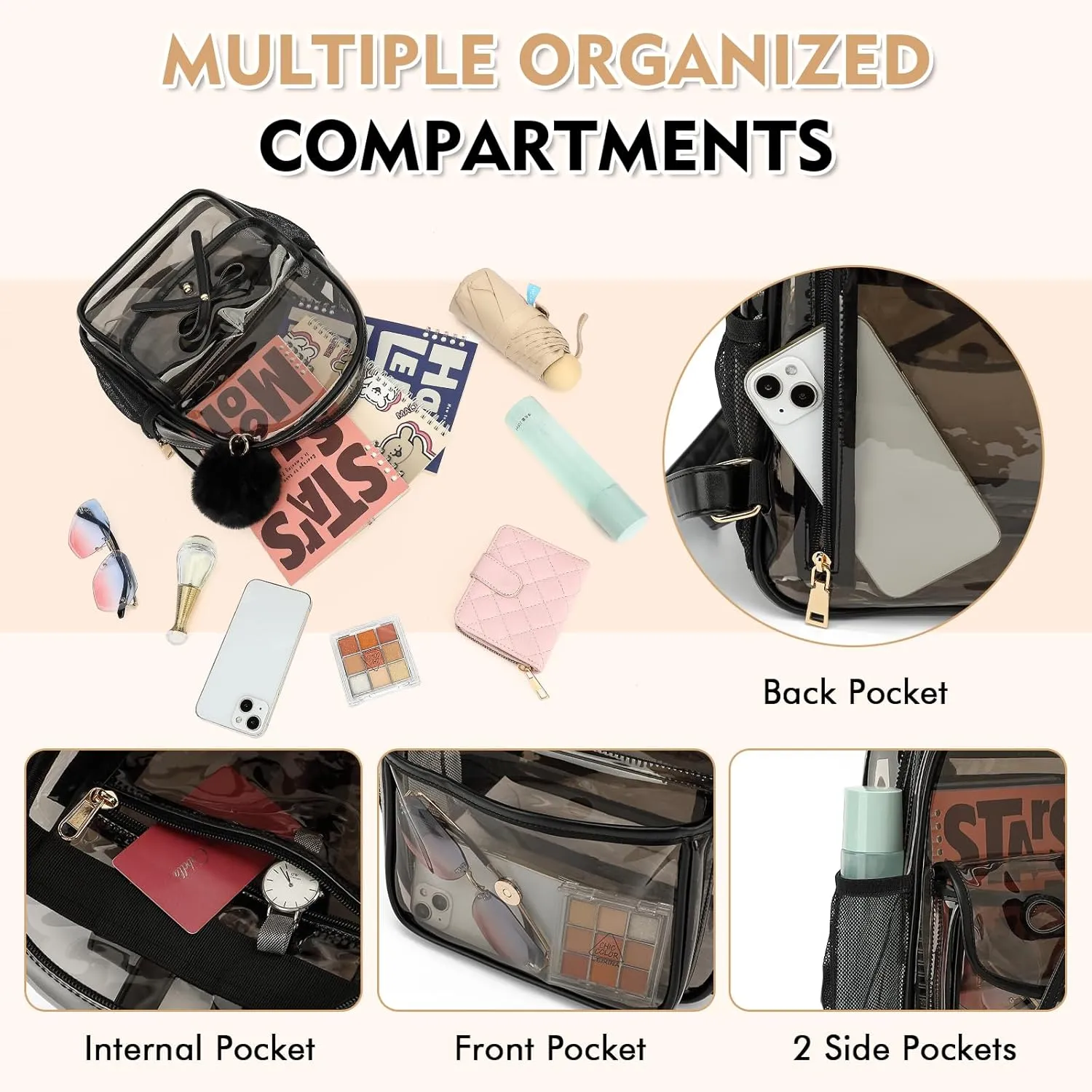 Clear Backpack for Stadium Events 12x12x6, Thick PVC Small Clear Bag with Leather Trim Fashion Women Backpack for Concerts, Sports, Festivals, Work, Travel-Black