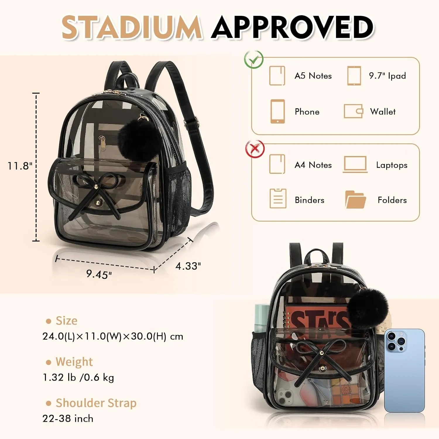 Clear Backpack for Stadium Events 12x12x6, Thick PVC Small Clear Bag with Leather Trim Fashion Women Backpack for Concerts, Sports, Festivals, Work, Travel-Black