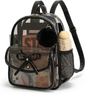 Clear Backpack for Stadium Events 12x12x6, Thick PVC Small Clear Bag with Leather Trim Fashion Women Backpack for Concerts, Sports, Festivals, Work, Travel-Black