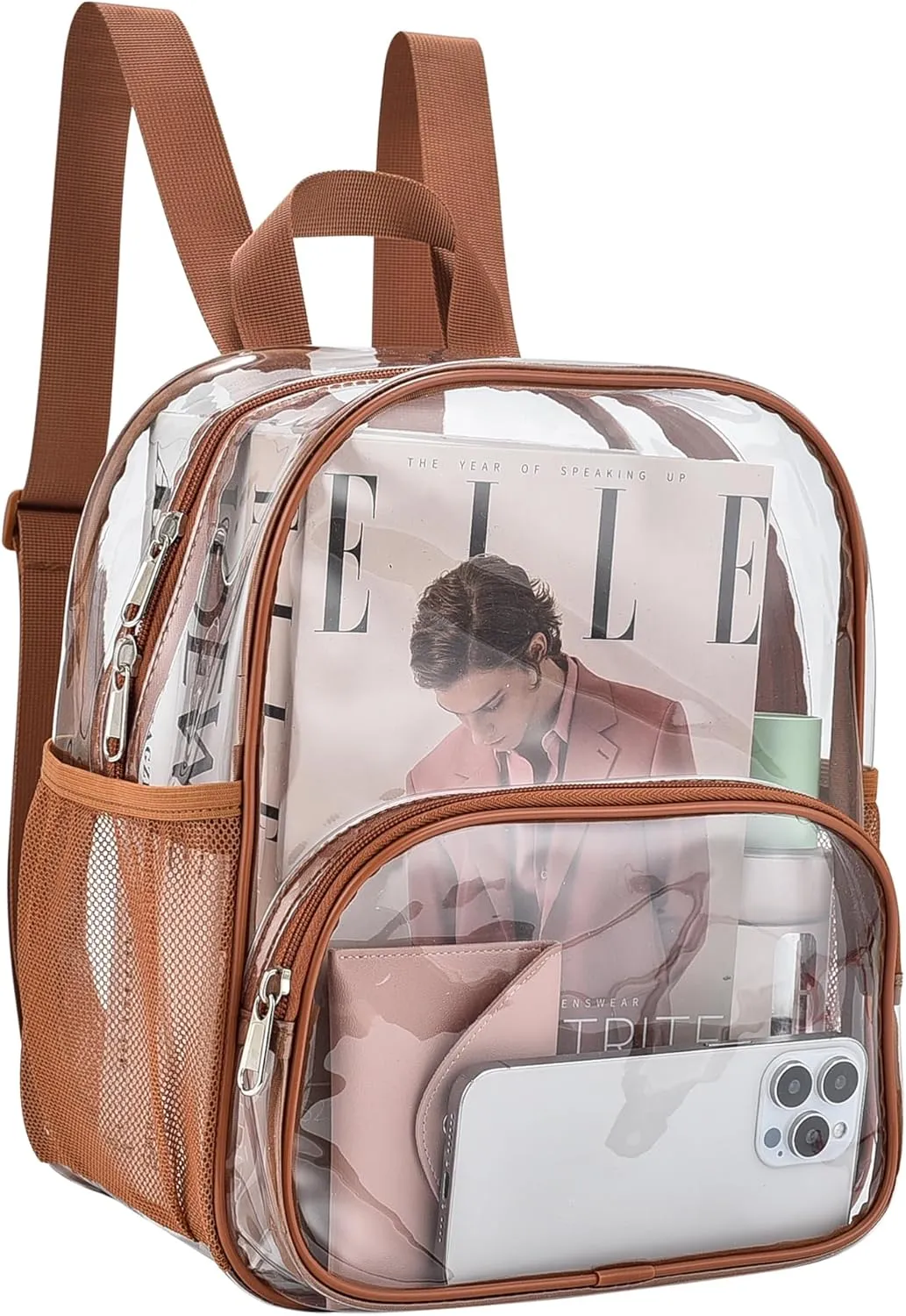Clear Backpack for Stadium Events 12x12x6 with Front Pocket for Concert Sport Fashion Women Backpack Events Work Travel(Coffee brown)
