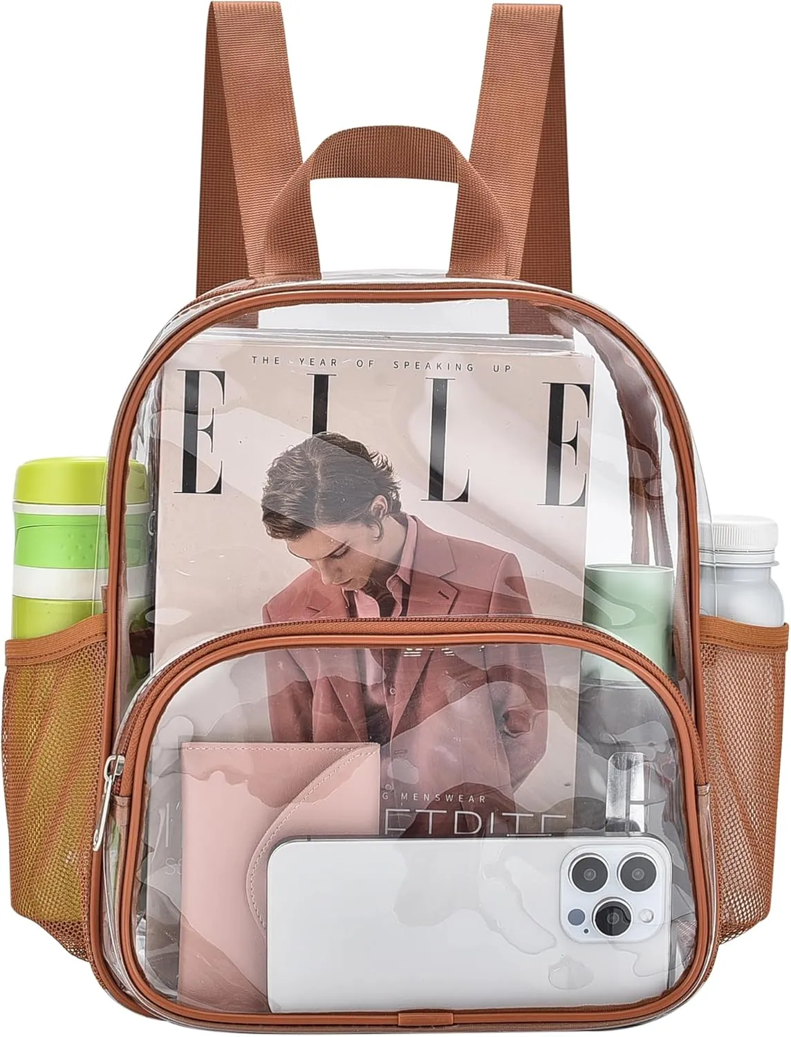 Clear Backpack for Stadium Events 12x12x6 with Front Pocket for Concert Sport Fashion Women Backpack Events Work Travel(Coffee brown)