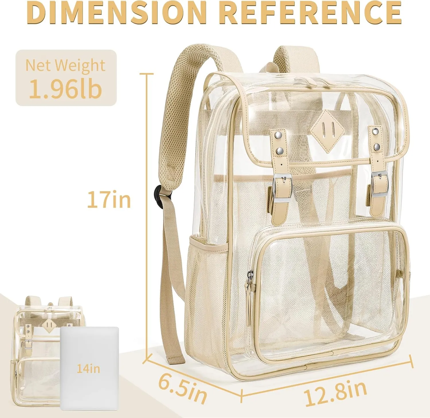 Clear Backpack Large Capacity Heavy Duty Transparent PVC Backpack with Leather Trim for Women College Work Travel
