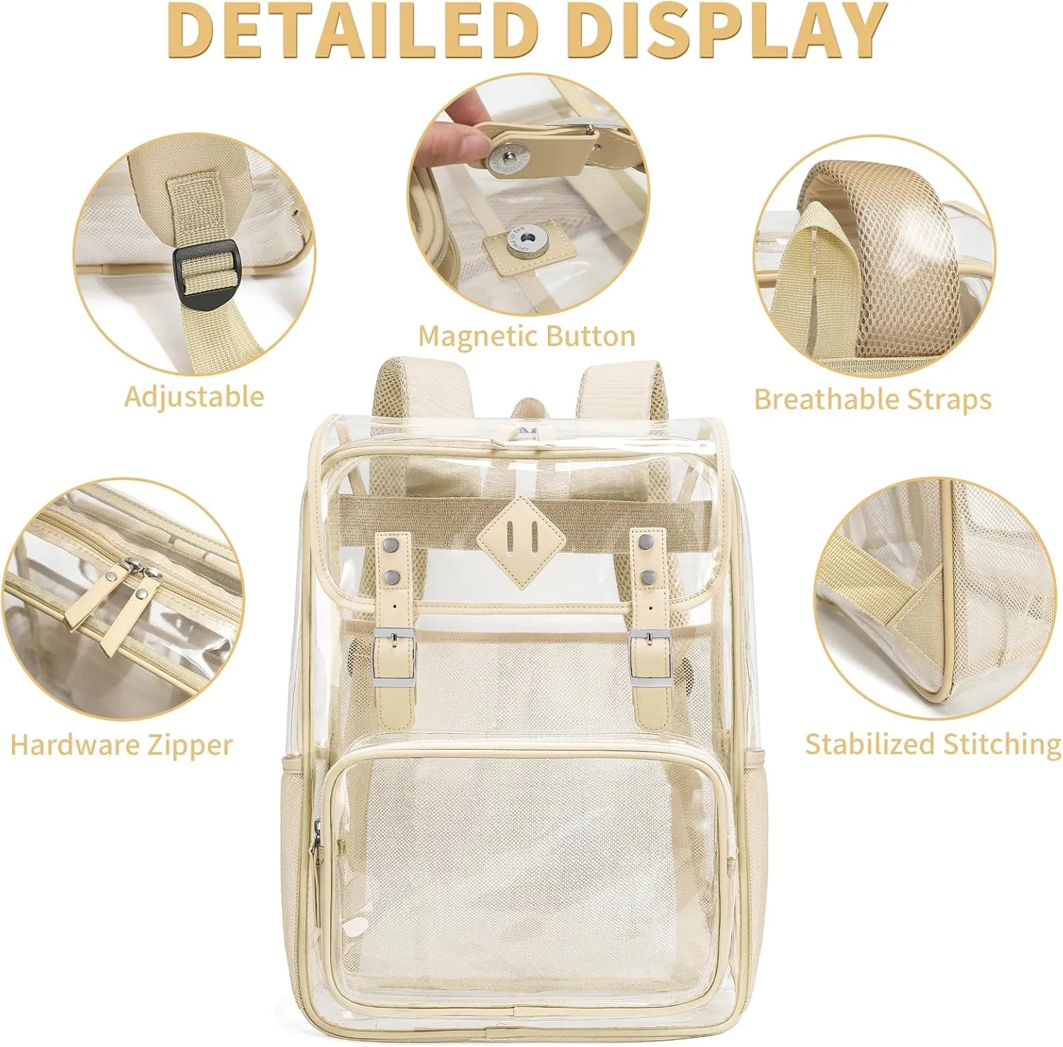 Clear Backpack Large Capacity Heavy Duty Transparent PVC Backpack with Leather Trim for Women College Work Travel