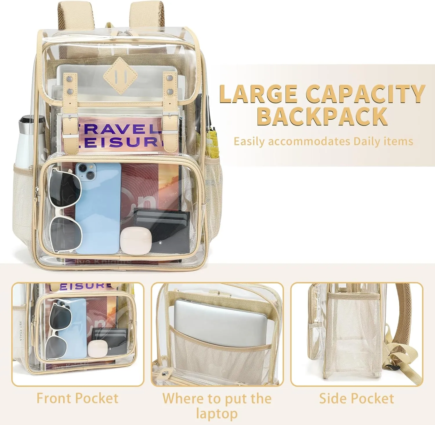 Clear Backpack Large Capacity Heavy Duty Transparent PVC Backpack with Leather Trim for Women College Work Travel
