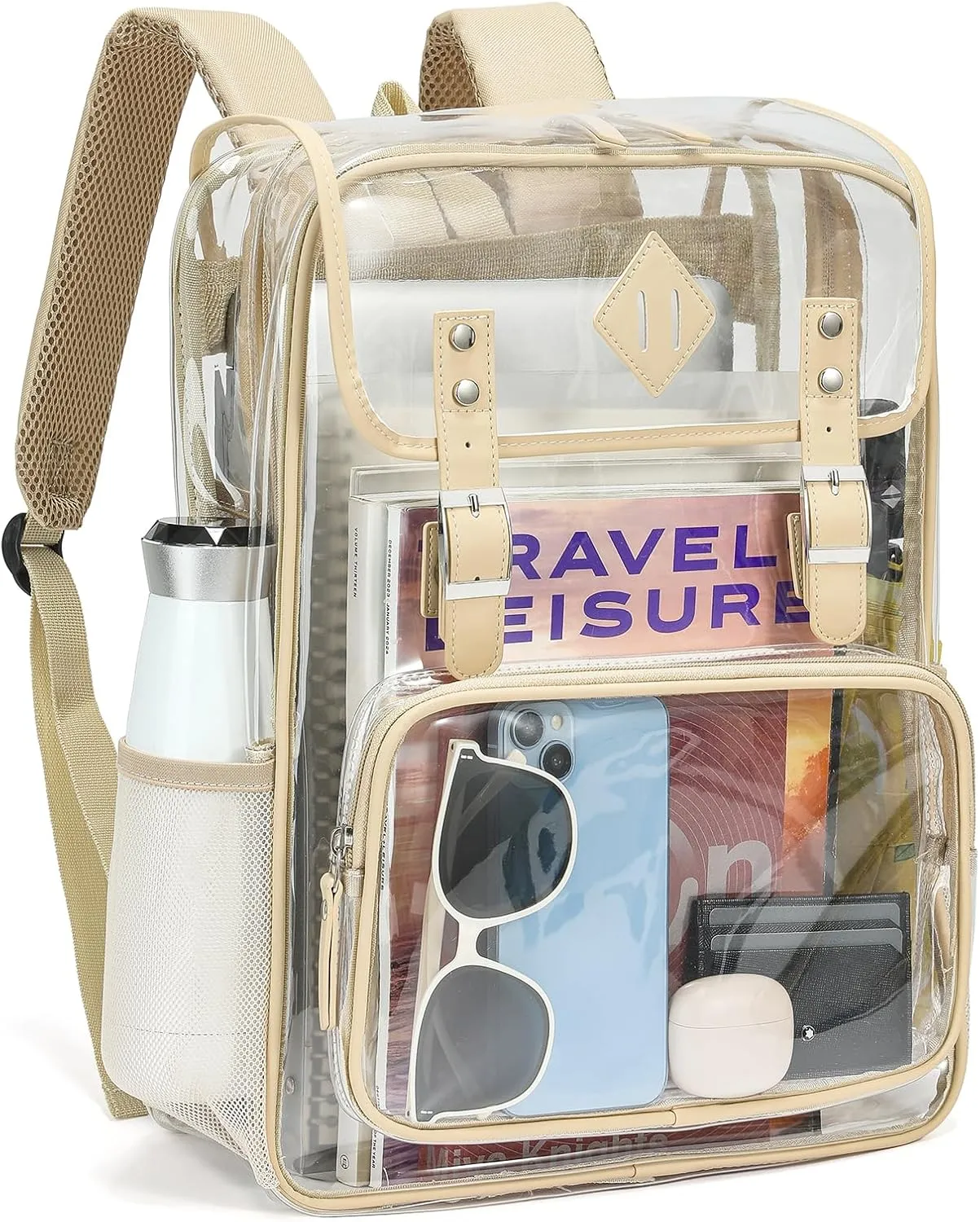 Clear Backpack Large Capacity Heavy Duty Transparent PVC Backpack with Leather Trim for Women College Work Travel