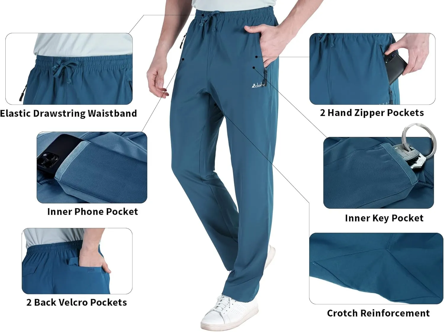 clothin Men's Lightweight Elastic Waist Pants Drawstring Athletic Sweatpants with Zipper Pockets for Hiking Casual Travel
