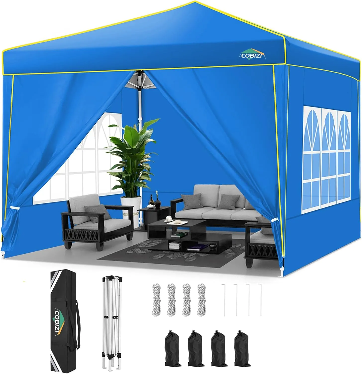 COBIZI 10x10 Pop Up Canopy Party Tents for Parties Waterproof Outdoor Event Shelter with 4 Sidewalls and 4 Sandbags UV Protection 50  Camping Commercial Wedding Portable Tent for Backyard, Blue