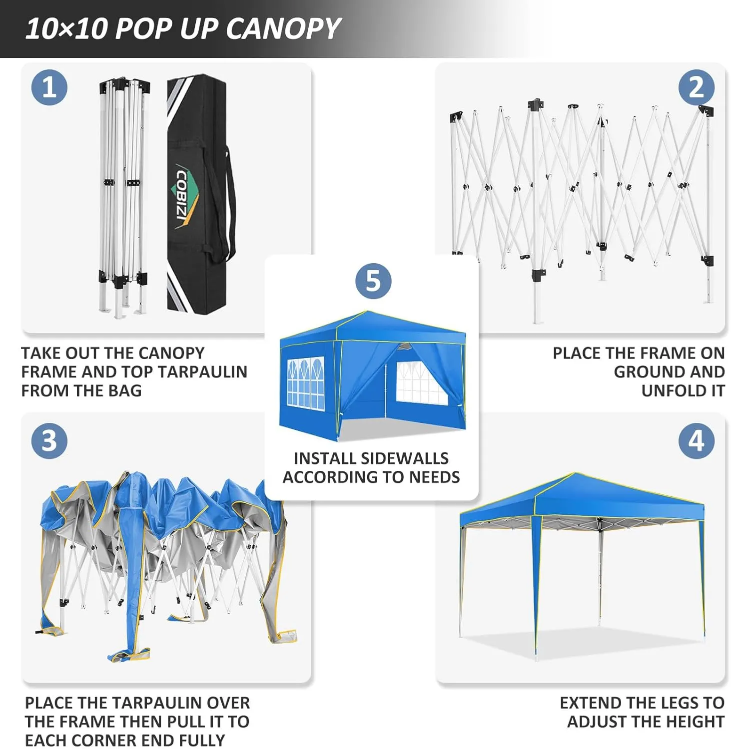 COBIZI 10x10 Pop Up Canopy Party Tents for Parties Waterproof Outdoor Event Shelter with 4 Sidewalls and 4 Sandbags UV Protection 50  Camping Commercial Wedding Portable Tent for Backyard, Blue