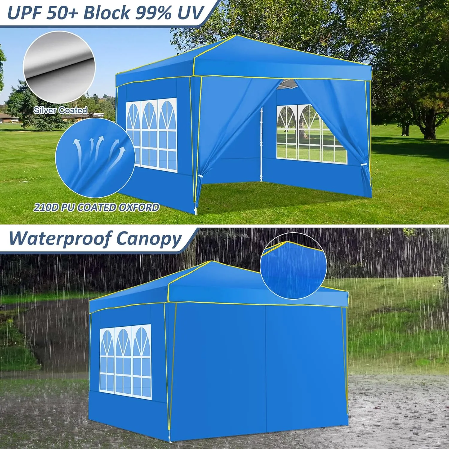 COBIZI 10x10 Pop Up Canopy Party Tents for Parties Waterproof Outdoor Event Shelter with 4 Sidewalls and 4 Sandbags UV Protection 50  Camping Commercial Wedding Portable Tent for Backyard, Blue