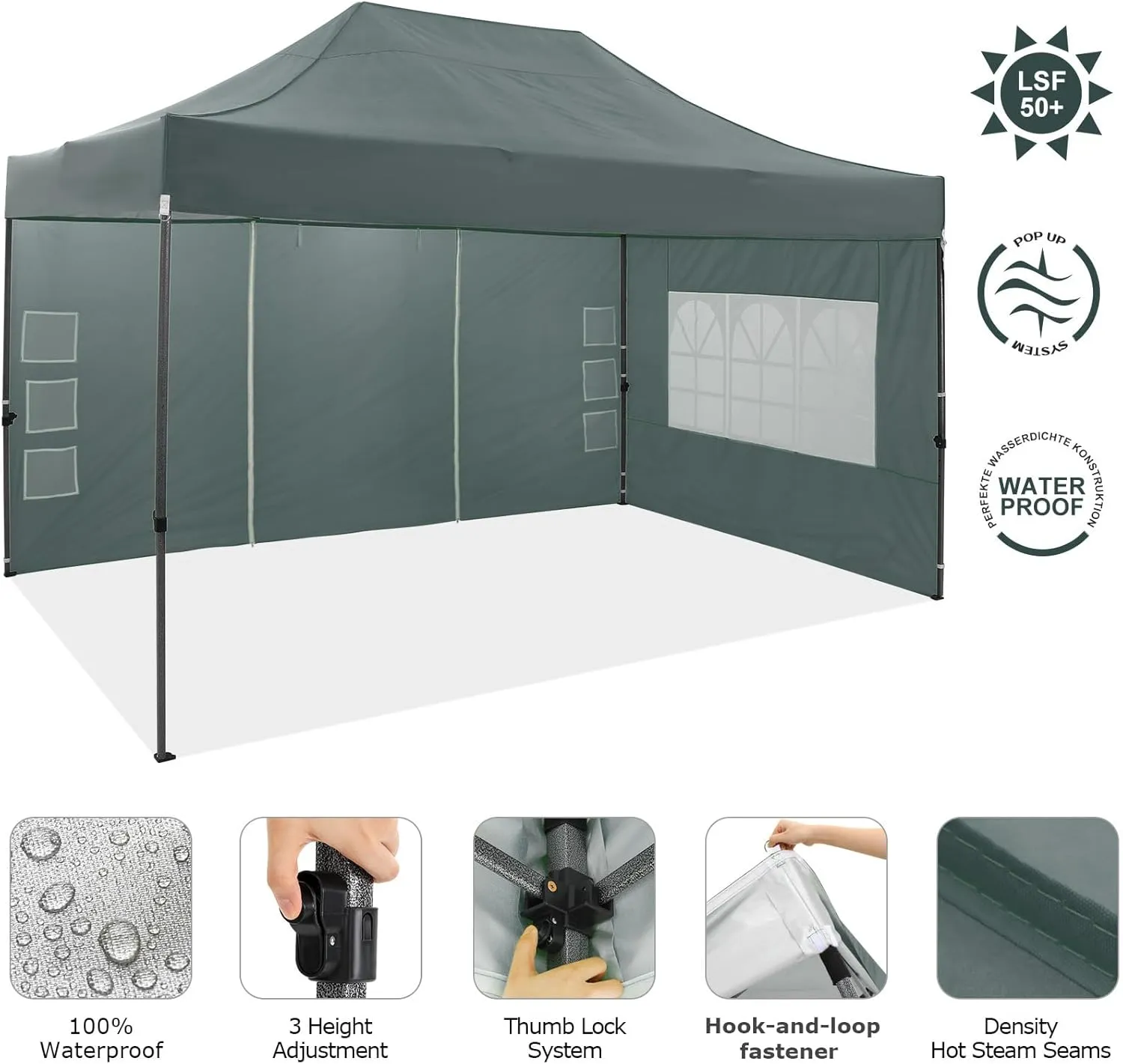 COBIZI 10x15 Pop Up Canopy with 4 Sidewall,Heavy Duty Canopy UPF 50  All Season Wind Waterproof Commercial Outdoor Wedding Party Tents for Parties Gazebo with Carry Bag(10 x 15 ft Gray)