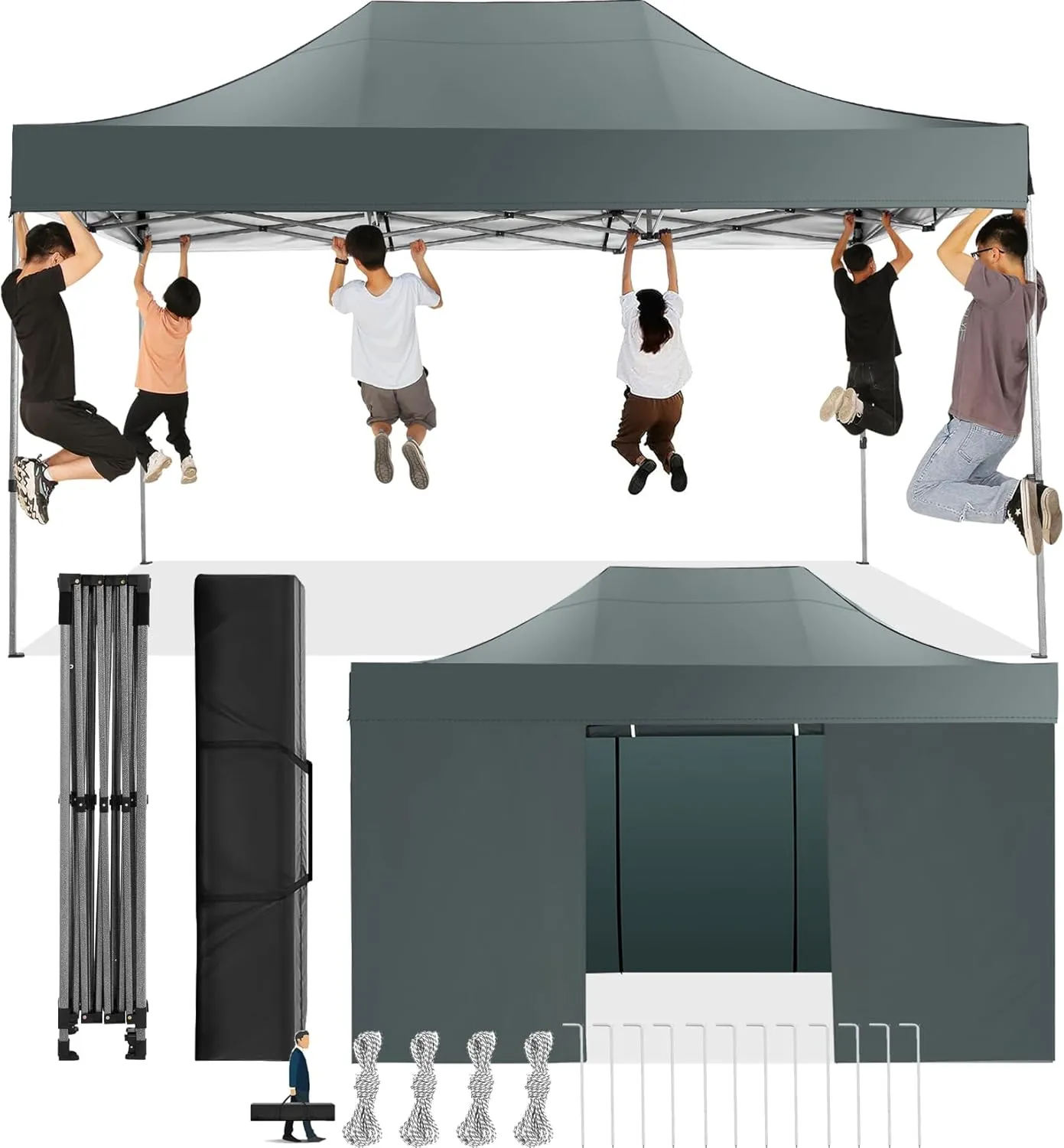 COBIZI 10x15 Pop Up Canopy with 4 Sidewall,Heavy Duty Canopy UPF 50  All Season Wind Waterproof Commercial Outdoor Wedding Party Tents for Parties Gazebo with Carry Bag(10 x 15 ft Gray)