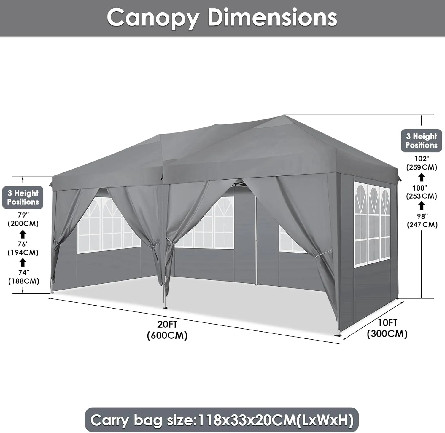 COBIZI Canopy 10x20 Pop Up Canopy Tent with 6 Sidewalls Party Tents for Parties Weddings Backyard Waterproof Canopy Outdoor Commercial Canopy Event Tent with Stakes, Ropes, Grey