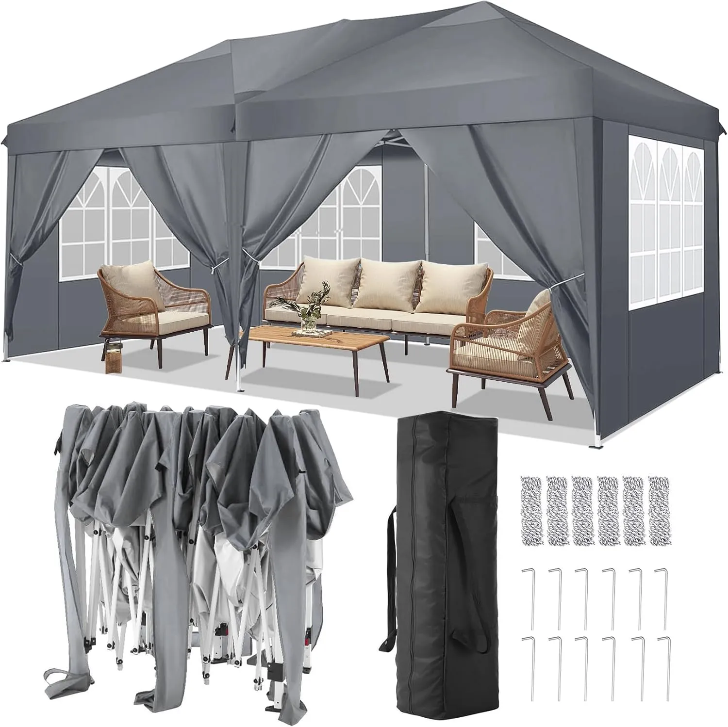 COBIZI Canopy 10x20 Pop Up Canopy Tent with 6 Sidewalls Party Tents for Parties Weddings Backyard Waterproof Canopy Outdoor Commercial Canopy Event Tent with Stakes, Ropes, Grey