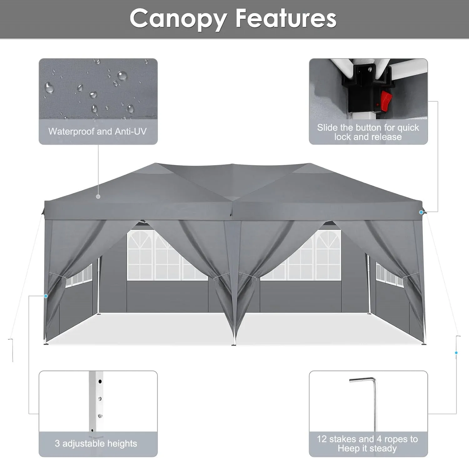 COBIZI Canopy 10x20 Pop Up Canopy Tent with 6 Sidewalls Party Tents for Parties Weddings Backyard Waterproof Canopy Outdoor Commercial Canopy Event Tent with Stakes, Ropes, Grey