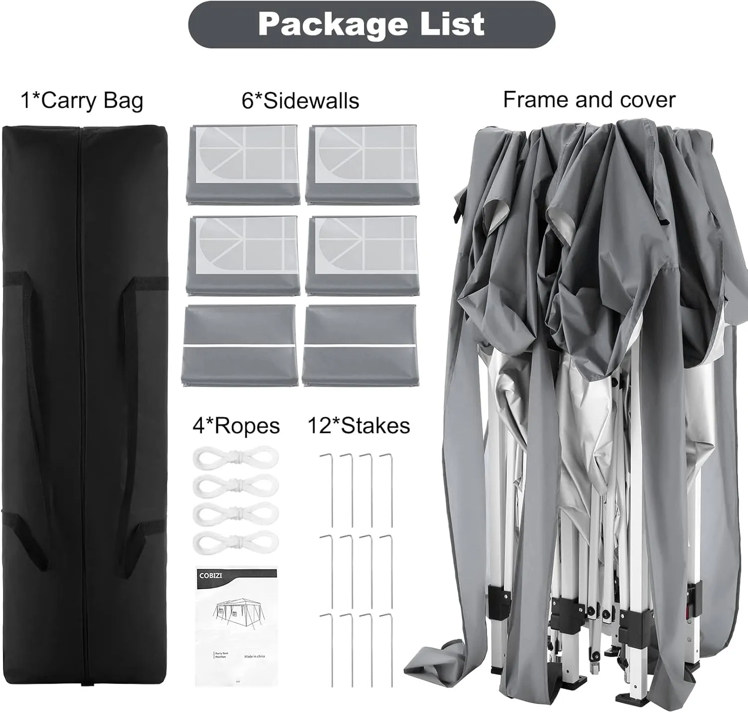 COBIZI Canopy 10x20 Pop Up Canopy Tent with 6 Sidewalls Party Tents for Parties Weddings Backyard Waterproof Canopy Outdoor Commercial Canopy Event Tent with Stakes, Ropes, Grey