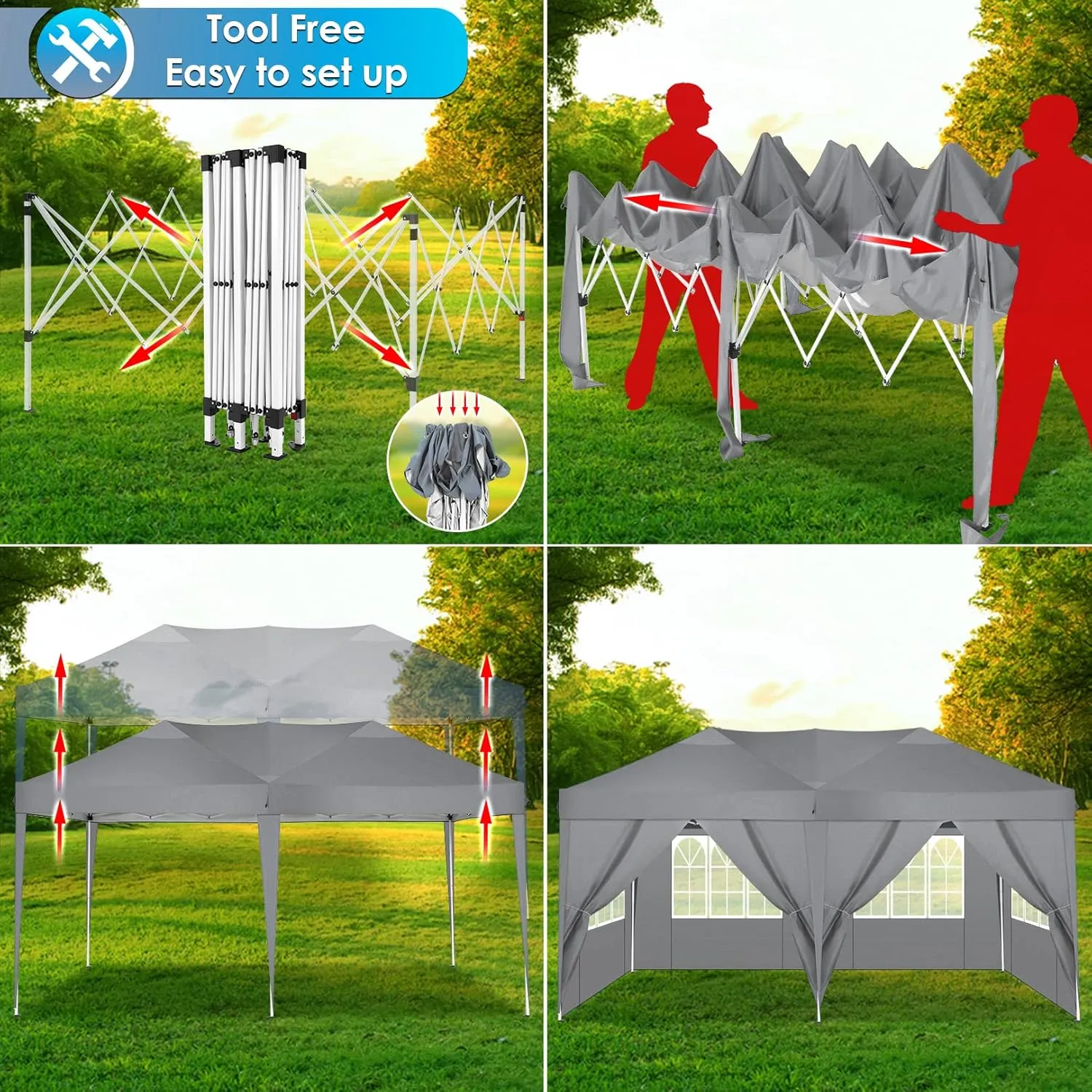 COBIZI Canopy 10x20 Pop Up Canopy Tent with 6 Sidewalls Party Tents for Parties Weddings Backyard Waterproof Canopy Outdoor Commercial Canopy Event Tent with Stakes, Ropes, Grey