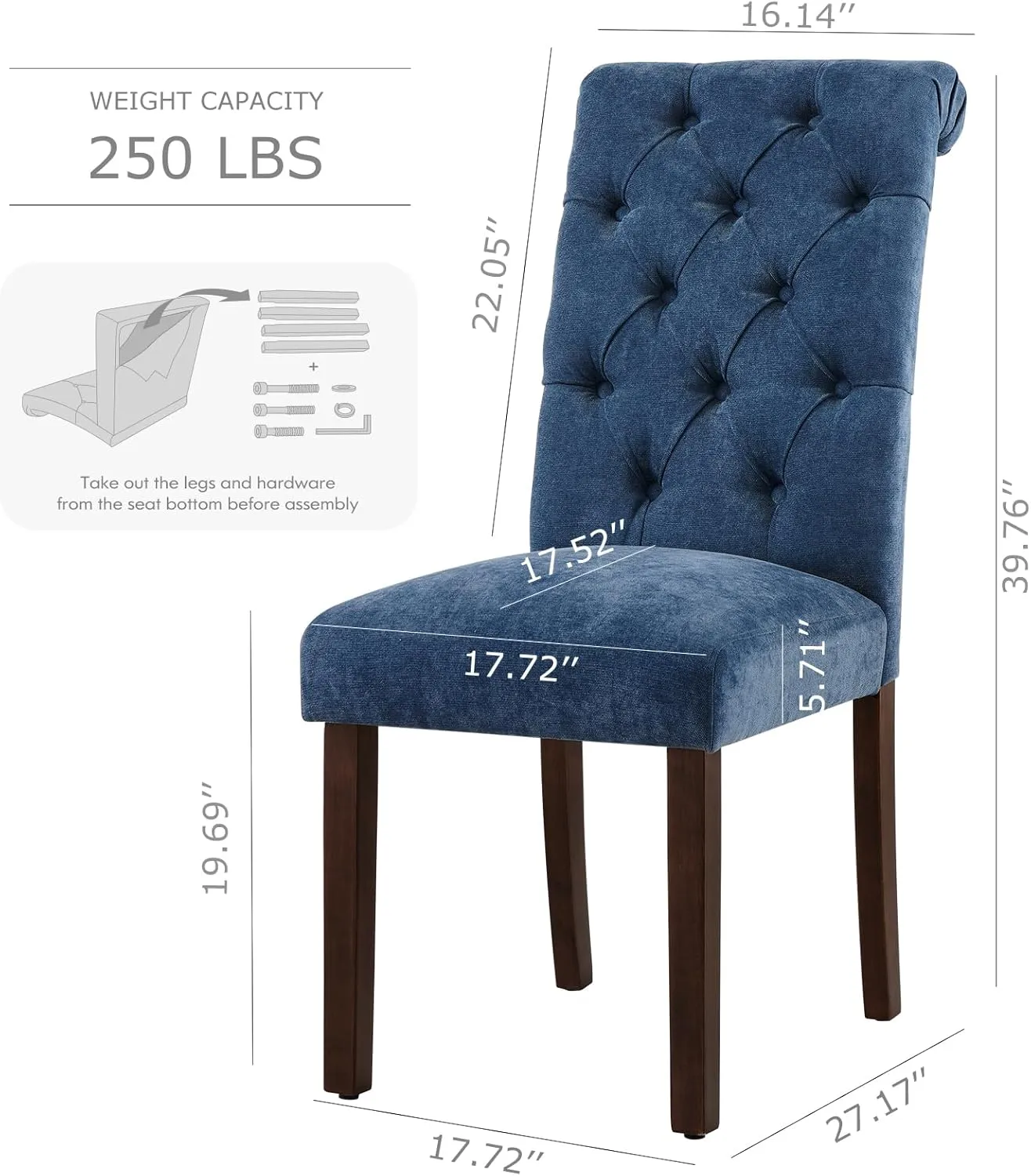 COLAMY Button Tufted Dining Chairs Set of 2, Parsons Upholstered Fabric Dining Room Chairs Kitchen Chairs with Wood Legs and Padded Seat, Blue