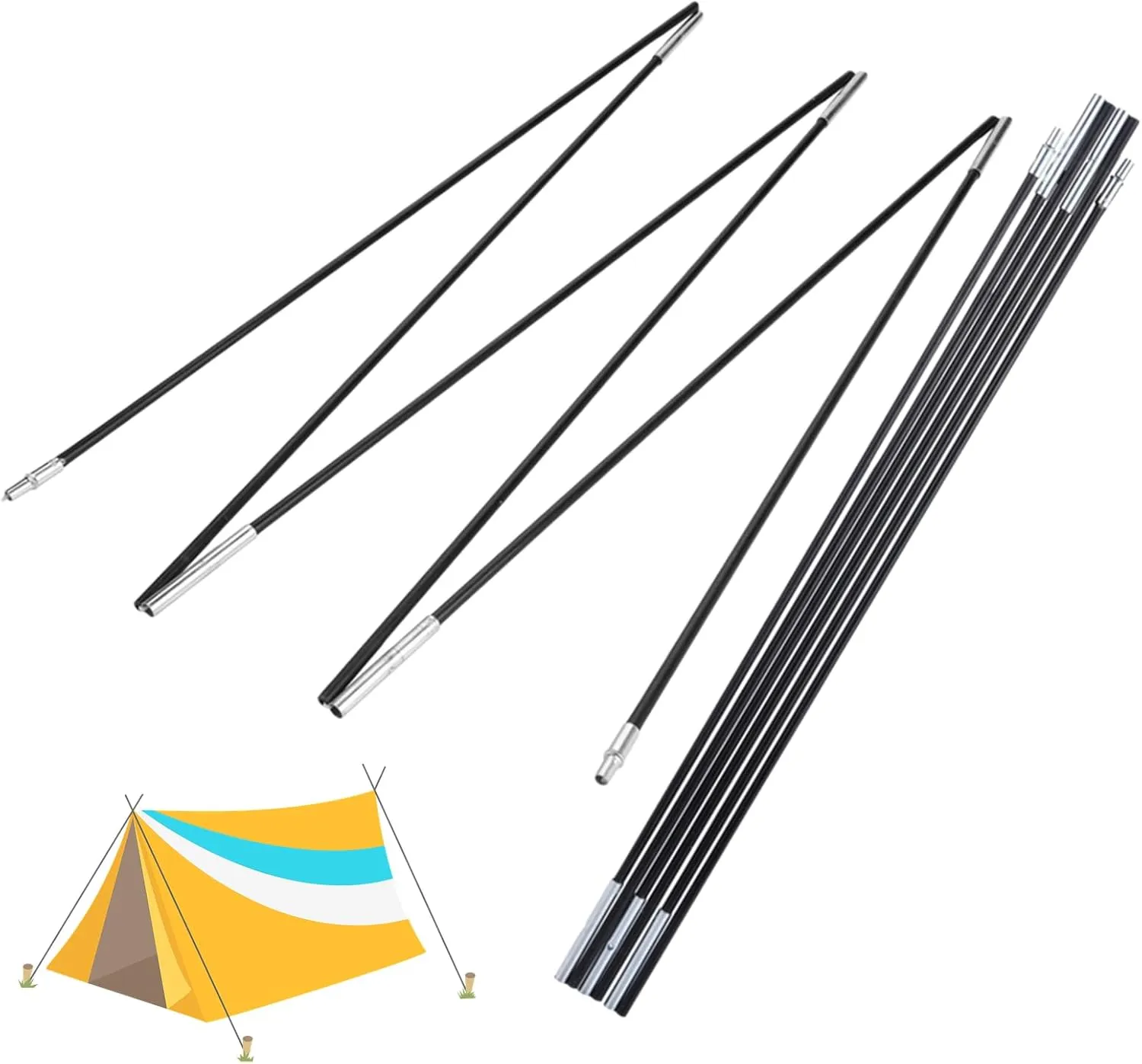 Collapsible Tent Poles, 2pcs Fiberglass Tent Pole Replacement Tent Bar Support Rod Awning Frame Kit for Hiking and Camping Tarp Poles Heavy Duty, 6 Sections Each 23in, Total Length 130in