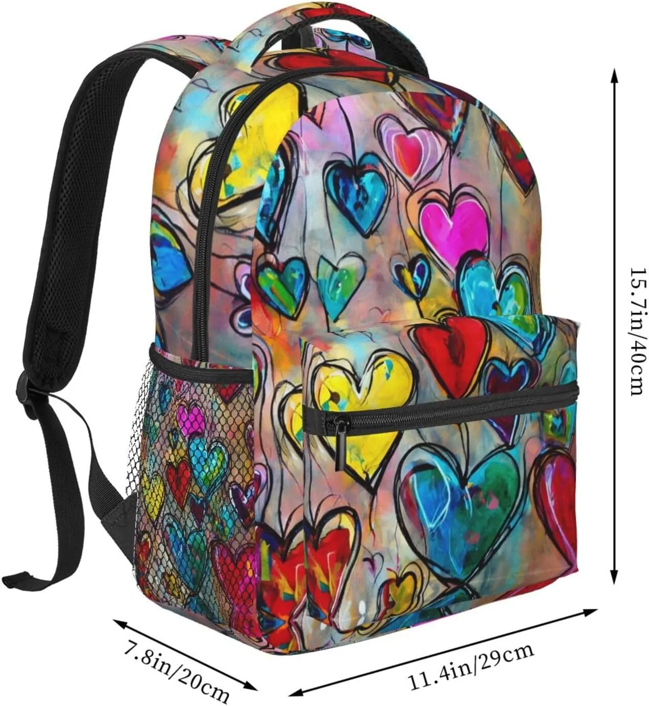 Colorful Love Heart Art Shoulder Book Bags Polyester Multipurpose Anti-Theft Carry On Bag Large Capacity Travel Hiking & Camping Rucksack