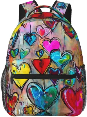 Colorful Love Heart Art Shoulder Book Bags Polyester Multipurpose Anti-Theft Carry On Bag Large Capacity Travel Hiking & Camping Rucksack