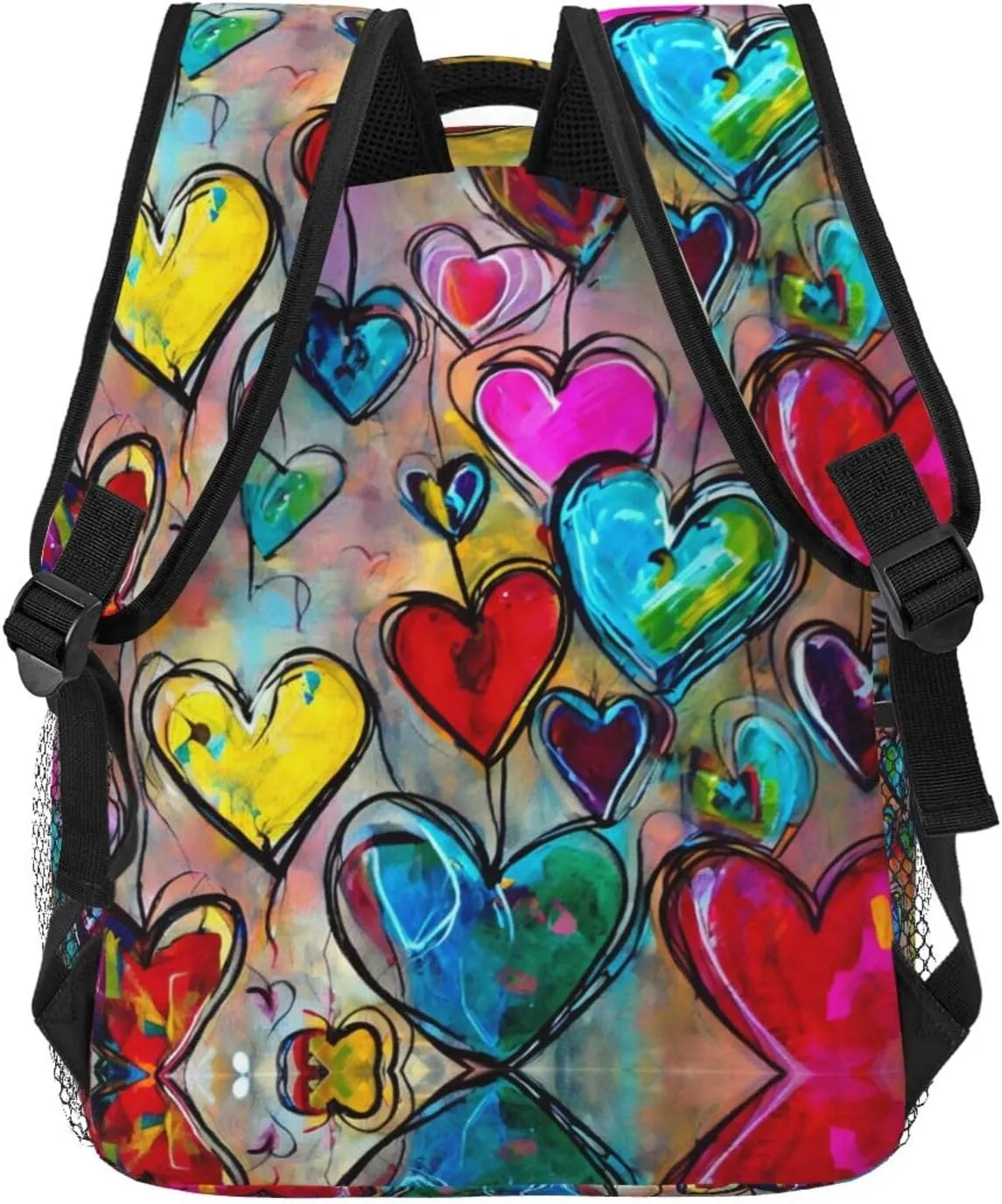 Colorful Love Heart Art Shoulder Book Bags Polyester Multipurpose Anti-Theft Carry On Bag Large Capacity Travel Hiking & Camping Rucksack