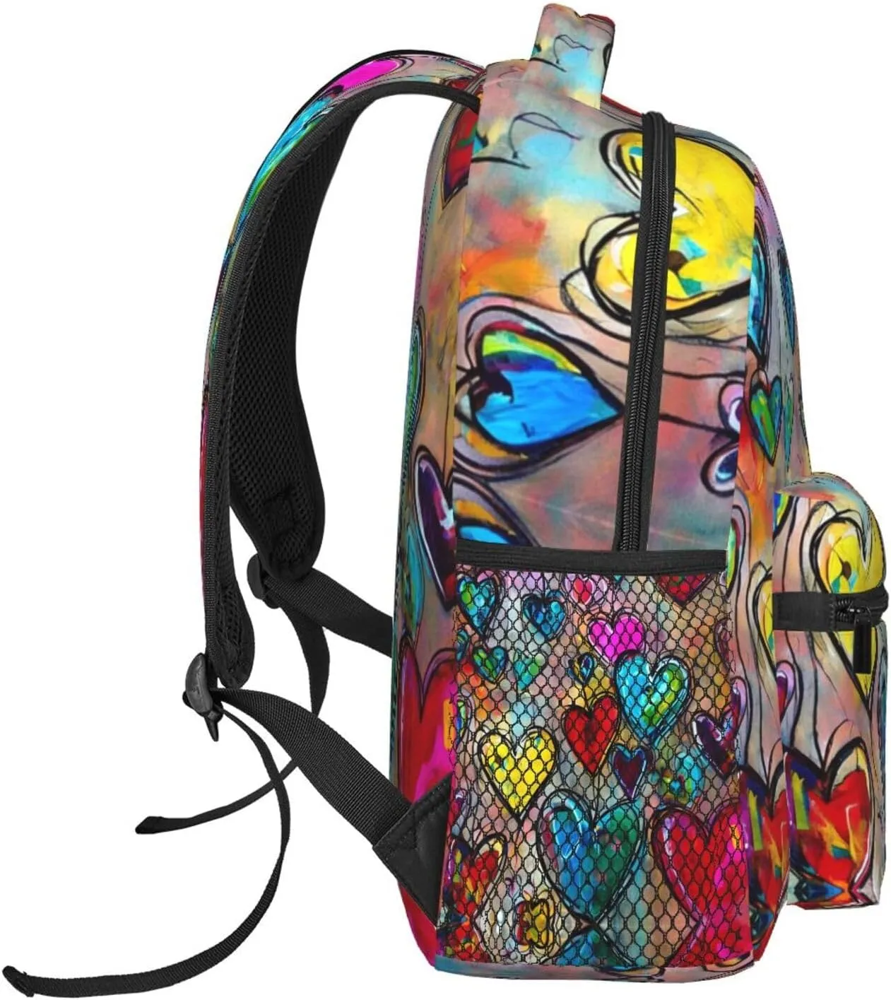 Colorful Love Heart Art Shoulder Book Bags Polyester Multipurpose Anti-Theft Carry On Bag Large Capacity Travel Hiking & Camping Rucksack