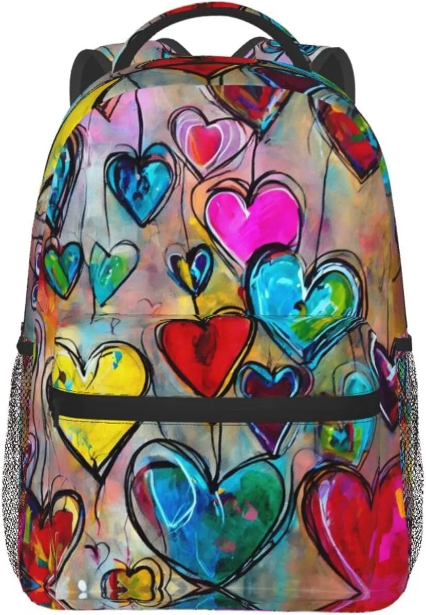 Colorful Love Heart Art Shoulder Book Bags Polyester Multipurpose Anti-Theft Carry On Bag Large Capacity Travel Hiking & Camping Rucksack