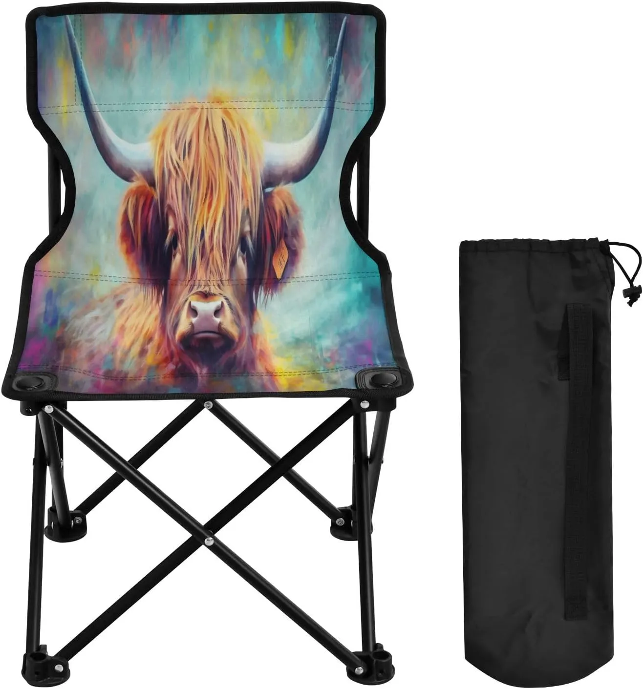 Colourful Highland Cow Portable Outdoor Folding Chair Anti-Slip Padded Oxford Cloth Stool Camping Chair Small for Beach Hiking Fishing Gardening Quad Camp Chair