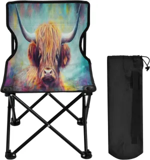 Colourful Highland Cow Portable Outdoor Folding Chair Anti-Slip Padded Oxford Cloth Stool Camping Chair Small for Beach Hiking Fishing Gardening Quad Camp Chair