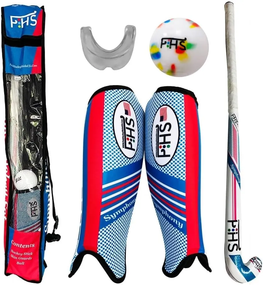 Complete Field Hockey Gift Set 30, 32, 34 Inch Field Hockey Sticks, Shin Guards, Colourful Ball, Mouth Guard and Bag