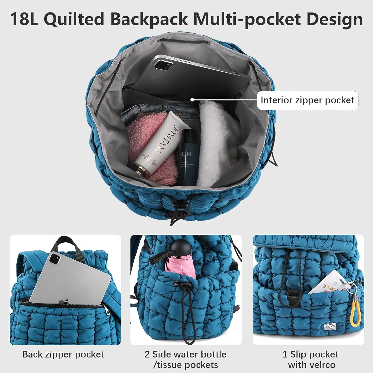 CONTAIL 18L Quilted Puffer Backpack for Women,Lightweight Puffy Hiker Pack,Blue