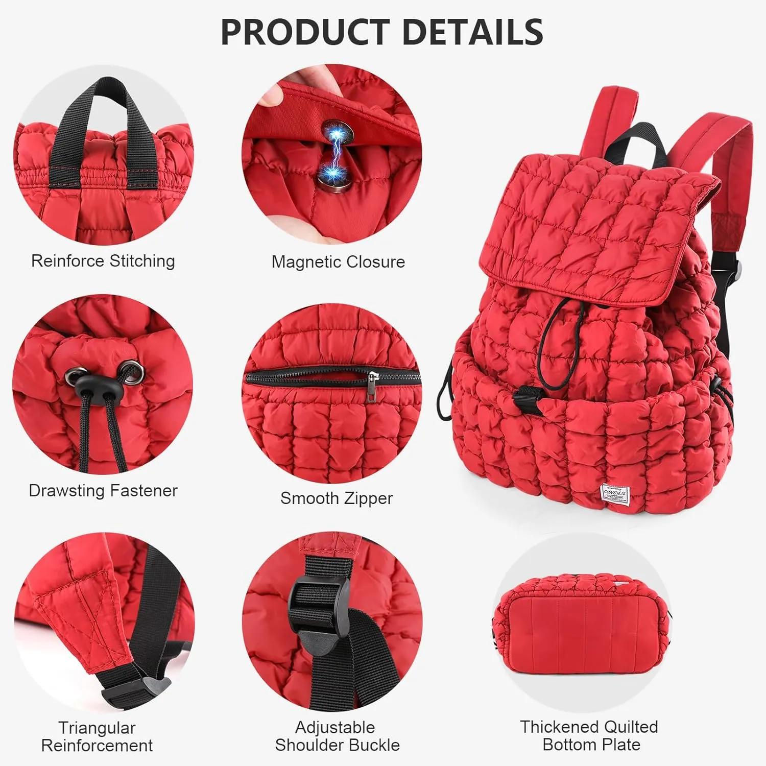 CONTAIL 18L Quilted Puffer Backpack for Women,Lightweight Puffy Hiker Pack,Red