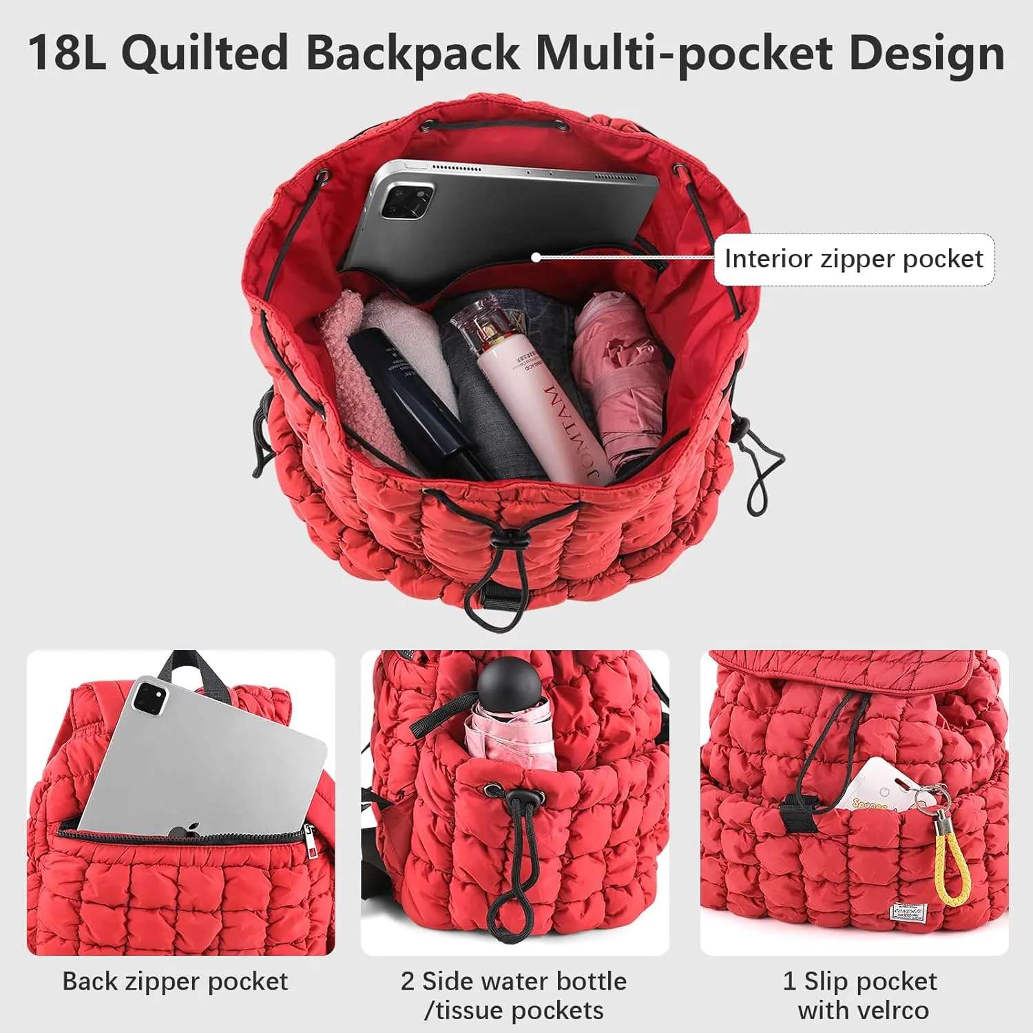CONTAIL 18L Quilted Puffer Backpack for Women,Lightweight Puffy Hiker Pack,Red
