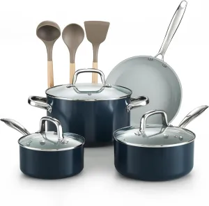 Cook N Home Pots and Pans Set Non Stick, 10-Piece Hard Anodized Nonstick Ceramic Cookware Set, Induction Cookware Cooking Set with Stay-Cool Handles, Nylon Kitchen Utensils, Blue