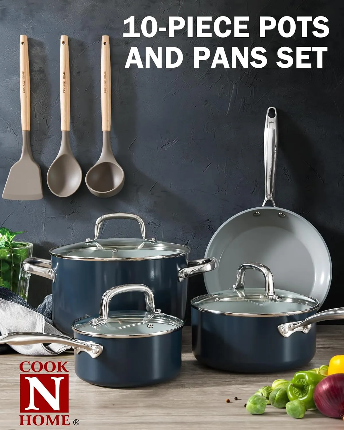 Cook N Home Pots and Pans Set Non Stick, 10-Piece Hard Anodized Nonstick Ceramic Cookware Set, Induction Cookware Cooking Set with Stay-Cool Handles, Nylon Kitchen Utensils, Blue