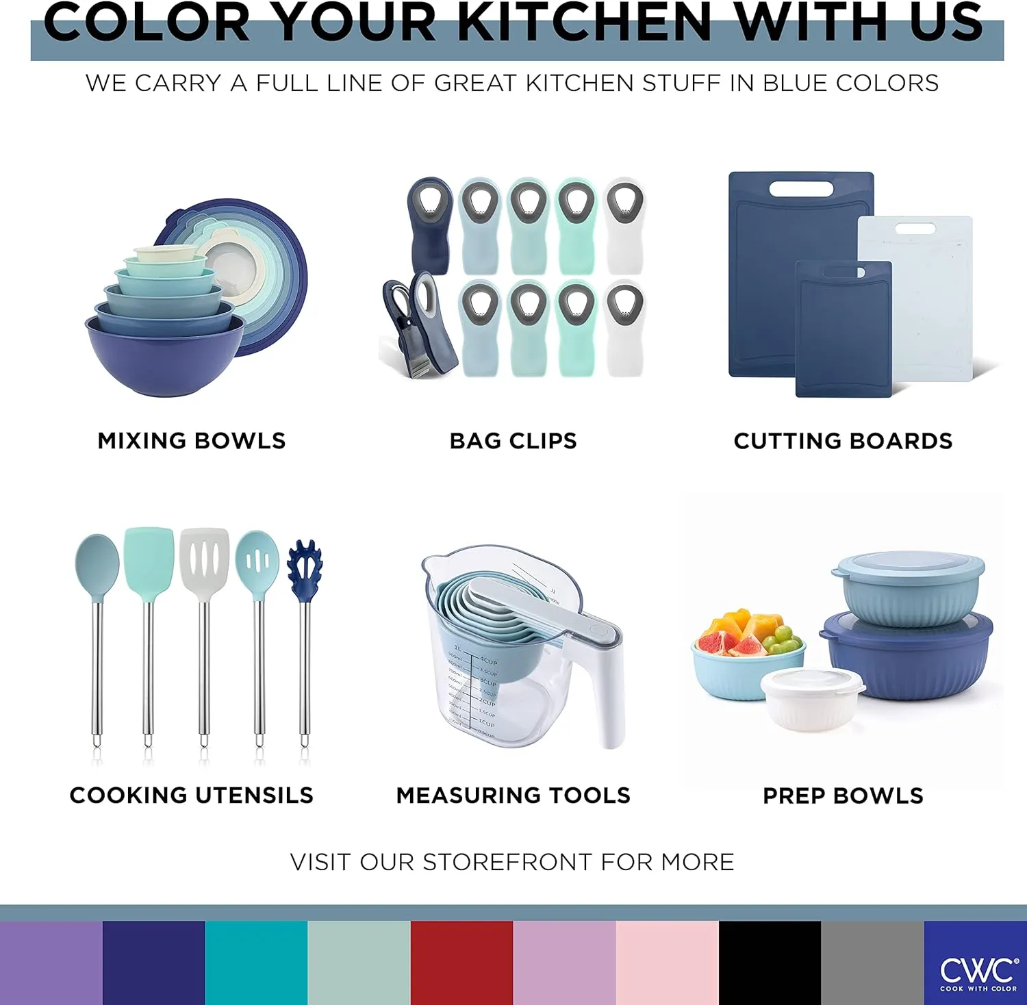 COOK WITH COLOR Prep Bowls with Lids- Wide and Deep Nesting Plastic Small Mixing Bowl Set with Lids, 8 Piece Set - Deep Bowls, Blue/Grey